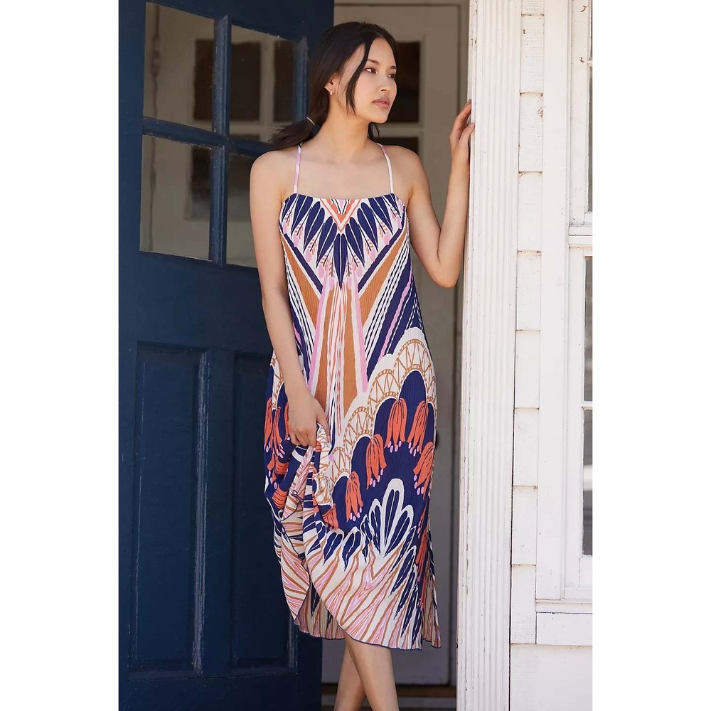 Anthropologie Deva Plisse Slip Dress Navy Multi Geometric Floral Midi XXSP NWT
